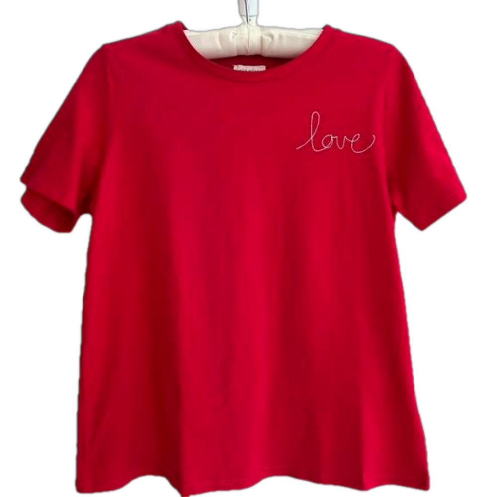 ELLA MOSS Red Short Sleeve Love Embroidered T-Shirt Travel Weekend 100% Cotton
